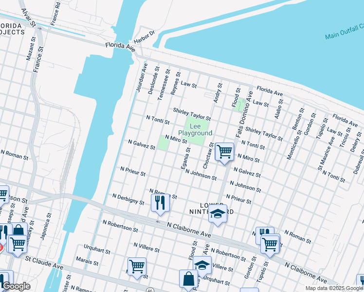 map of restaurants, bars, coffee shops, grocery stores, and more near 2129 Lizardi Street in New Orleans