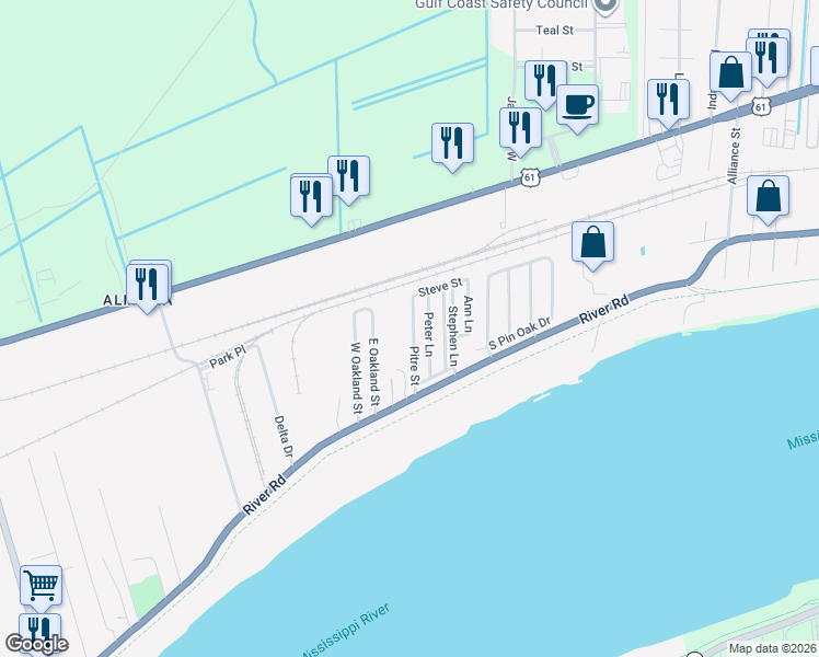 map of restaurants, bars, coffee shops, grocery stores, and more near 129 Pitre Street in Saint Rose