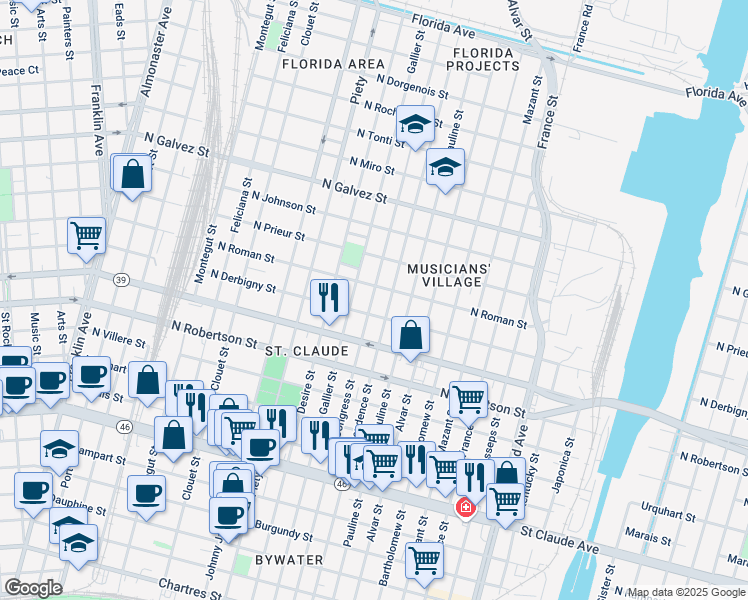 map of restaurants, bars, coffee shops, grocery stores, and more near 1737 Independence Street in New Orleans