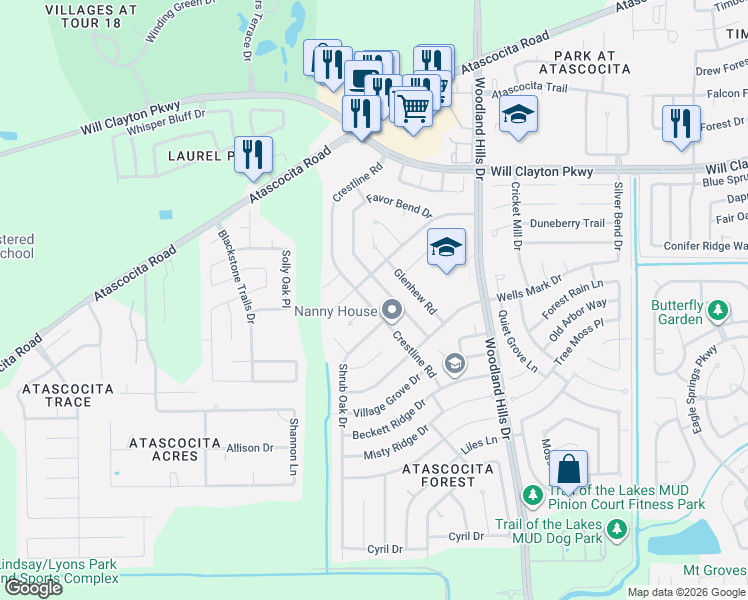 map of restaurants, bars, coffee shops, grocery stores, and more near 17418 Crestline Rd in Humble