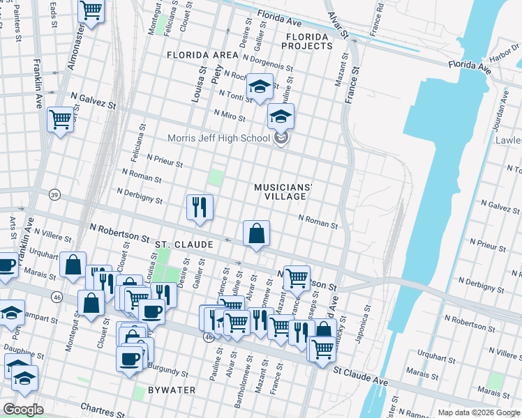 map of restaurants, bars, coffee shops, grocery stores, and more near 1740 Alvar Street in New Orleans