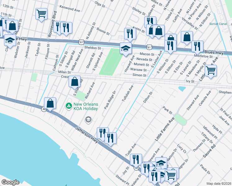 map of restaurants, bars, coffee shops, grocery stores, and more near 708 Park Ridge Drive in River Ridge