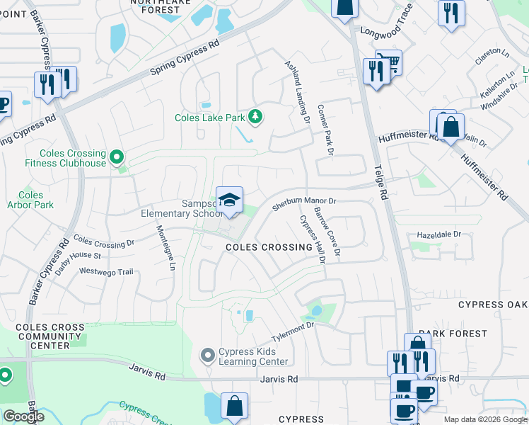 map of restaurants, bars, coffee shops, grocery stores, and more near 13735 Sherburn Manor Drive in Cypress