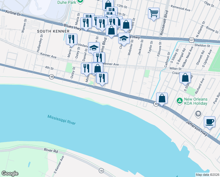 map of restaurants, bars, coffee shops, grocery stores, and more near 2150 Reverend Richard Wilson Drive in Kenner