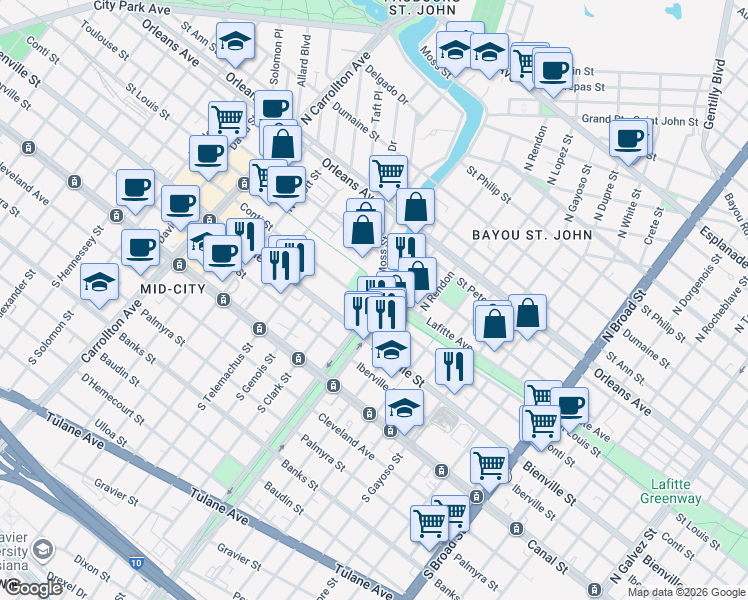 map of restaurants, bars, coffee shops, grocery stores, and more near 499 North Jefferson Davis Parkway in New Orleans