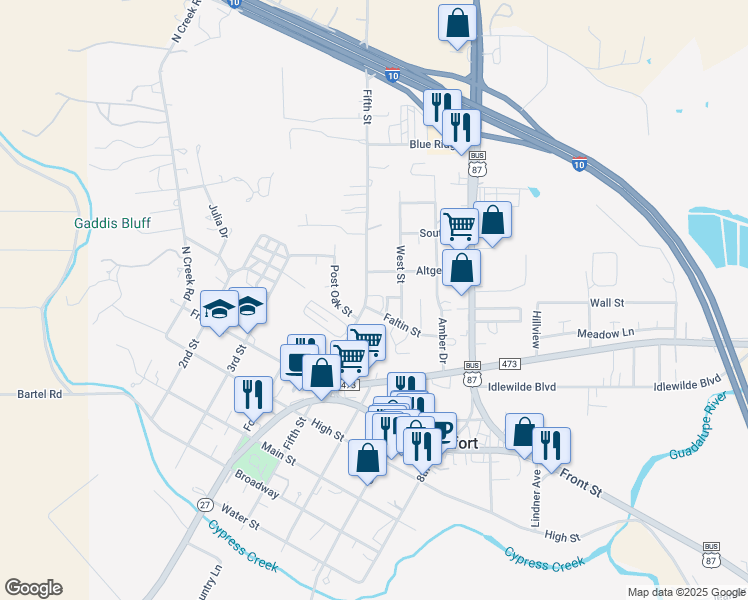 map of restaurants, bars, coffee shops, grocery stores, and more near 705 5th Street in Comfort