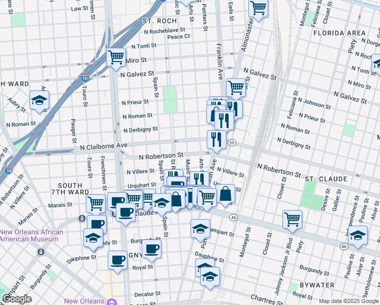 map of restaurants, bars, coffee shops, grocery stores, and more near 2447 North Robertson Street in New Orleans
