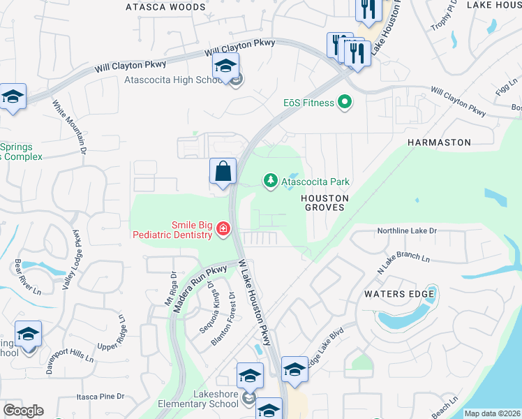 map of restaurants, bars, coffee shops, grocery stores, and more near 17250 West Lake Houston Parkway in Atascocita