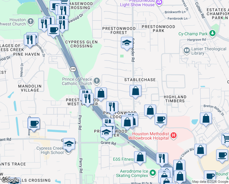 map of restaurants, bars, coffee shops, grocery stores, and more near 8207 Coolshire Lane in Houston