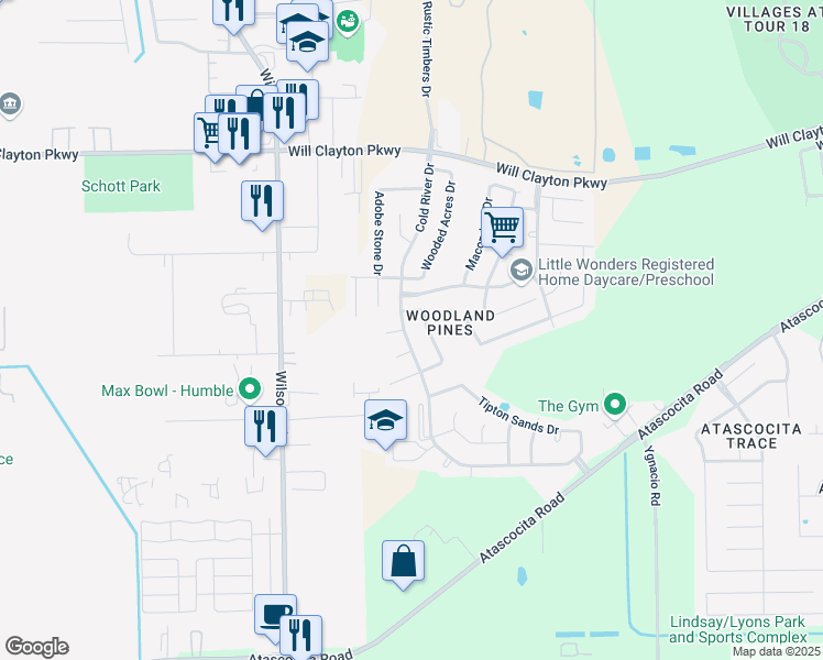 map of restaurants, bars, coffee shops, grocery stores, and more near 2119 Cold River Drive in Humble