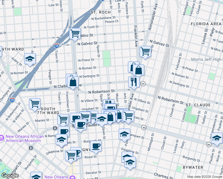 map of restaurants, bars, coffee shops, grocery stores, and more near 1500 Saint Roch Avenue in New Orleans