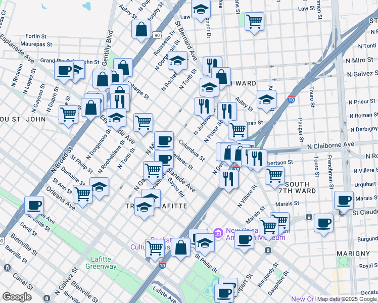 map of restaurants, bars, coffee shops, grocery stores, and more near 1922 Columbus Street in New Orleans