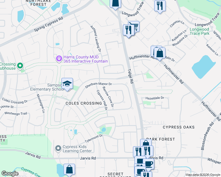 map of restaurants, bars, coffee shops, grocery stores, and more near 14011 Fosters Creek Dr in Cypress