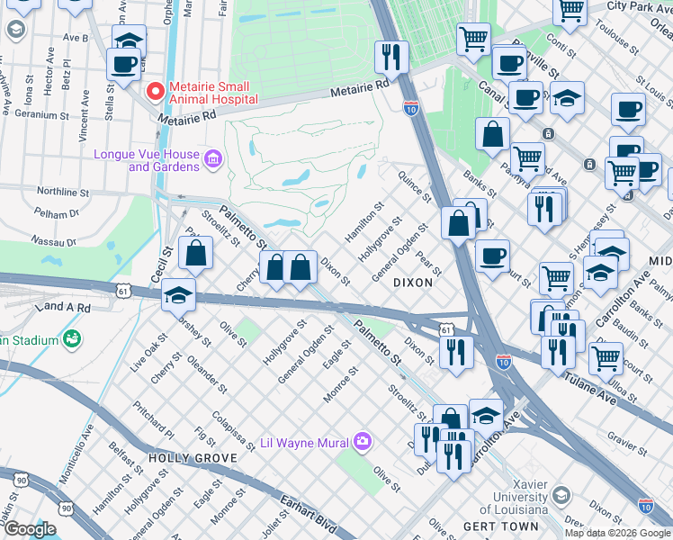 map of restaurants, bars, coffee shops, grocery stores, and more near 9017 Dixon Street in New Orleans