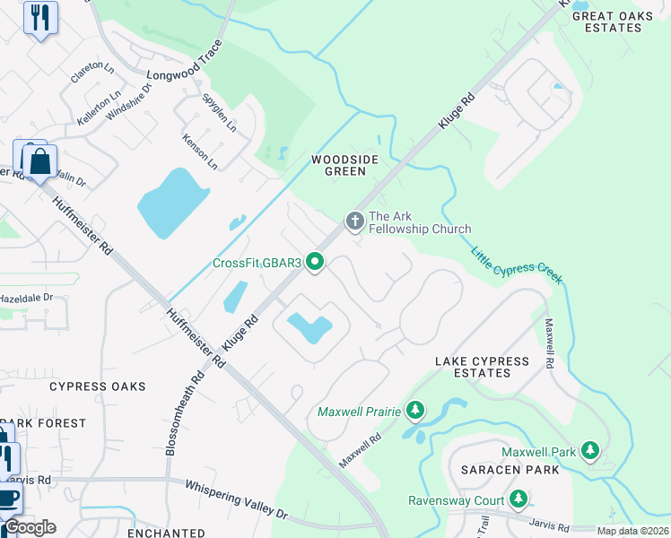 map of restaurants, bars, coffee shops, grocery stores, and more near 13639 Kluge Corner Lane in Cypress