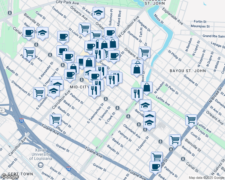 map of restaurants, bars, coffee shops, grocery stores, and more near 3701 Iberville Street in New Orleans