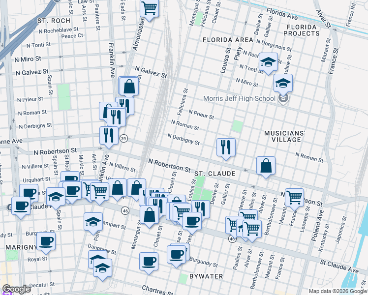 map of restaurants, bars, coffee shops, grocery stores, and more near 3121 North Claiborne Avenue in New Orleans