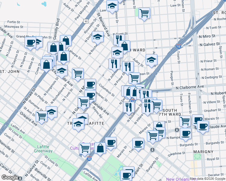map of restaurants, bars, coffee shops, grocery stores, and more near 1818 Laharpe Street in New Orleans