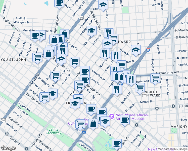 map of restaurants, bars, coffee shops, grocery stores, and more near 1922 Columbus Street in New Orleans