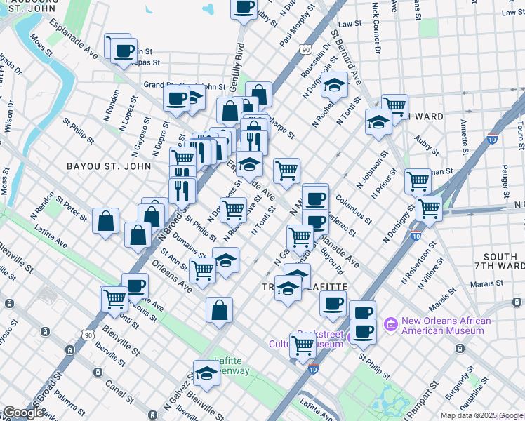 map of restaurants, bars, coffee shops, grocery stores, and more near 1212 North Rocheblave Street in New Orleans