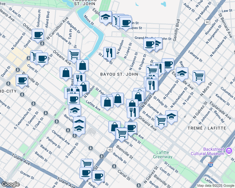 map of restaurants, bars, coffee shops, grocery stores, and more near 2939 Orleans Avenue in New Orleans