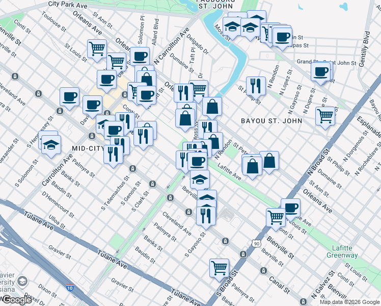 map of restaurants, bars, coffee shops, grocery stores, and more near 499 North Jefferson Davis Parkway in New Orleans
