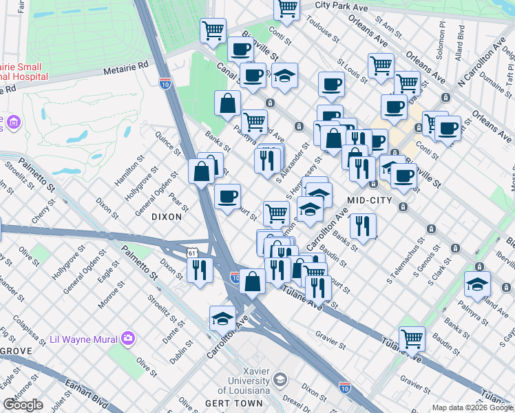 map of restaurants, bars, coffee shops, grocery stores, and more near 527 South Alexander Street in New Orleans