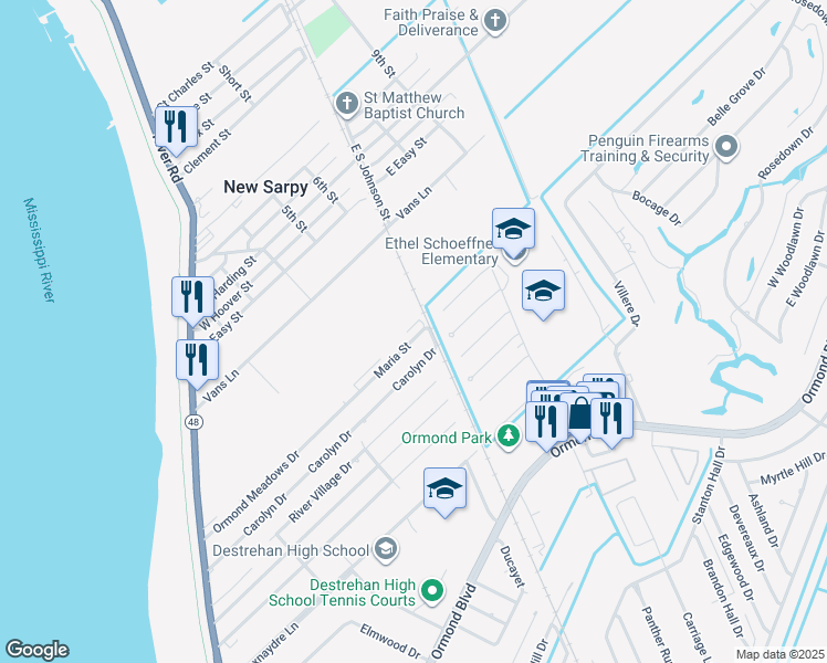 map of restaurants, bars, coffee shops, grocery stores, and more near 10 Maria Street in Destrehan