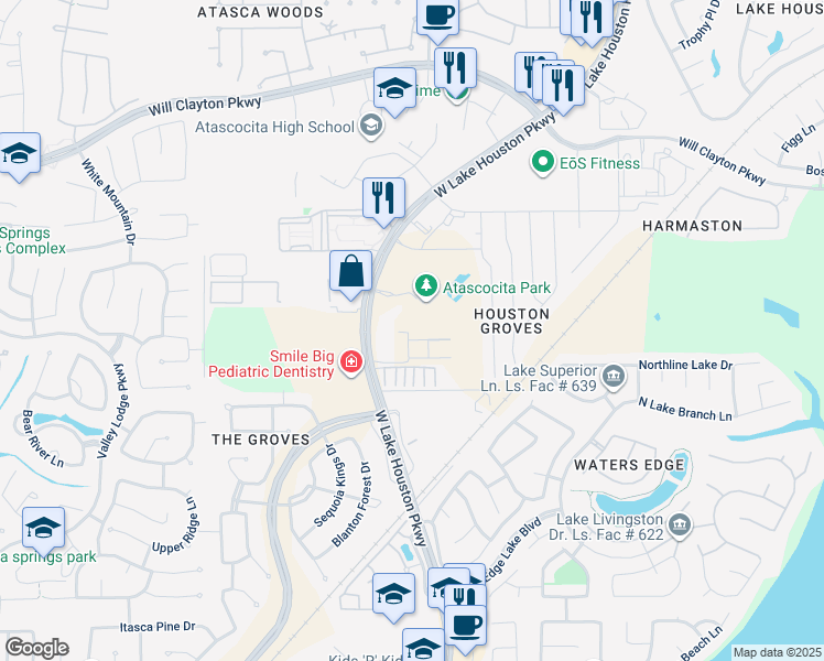 map of restaurants, bars, coffee shops, grocery stores, and more near 17250 West Lake Houston Parkway in Atascocita