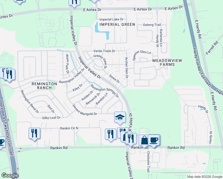 map of restaurants, bars, coffee shops, grocery stores, and more near 18918 Remington Springs Drive in Houston