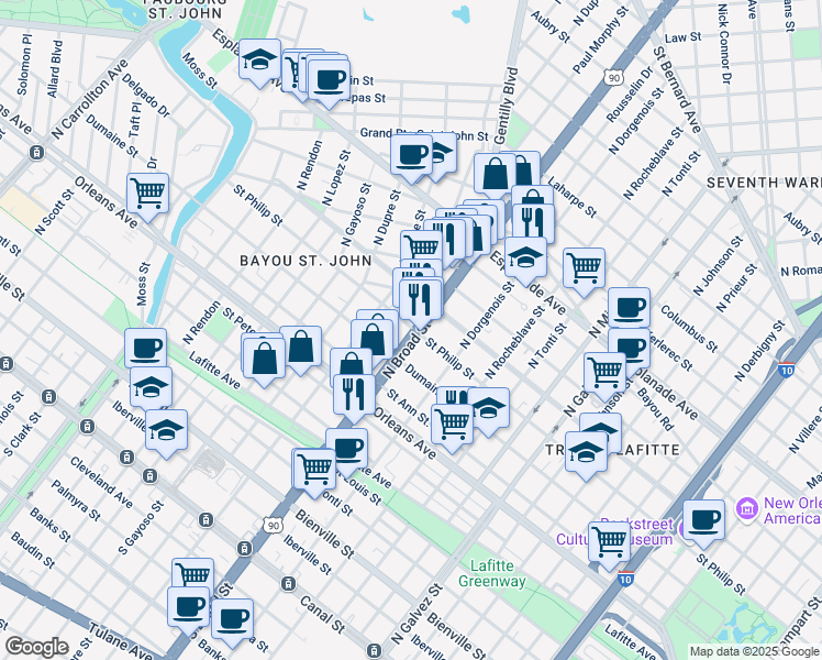 map of restaurants, bars, coffee shops, grocery stores, and more near 945 U.S. 90 in New Orleans