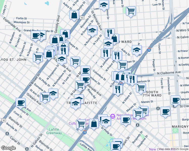 map of restaurants, bars, coffee shops, grocery stores, and more near 1922 Columbus Street in New Orleans