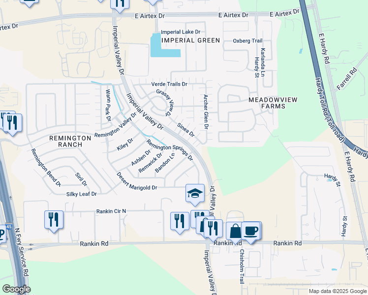 map of restaurants, bars, coffee shops, grocery stores, and more near 18918 Remington Springs Drive in Houston