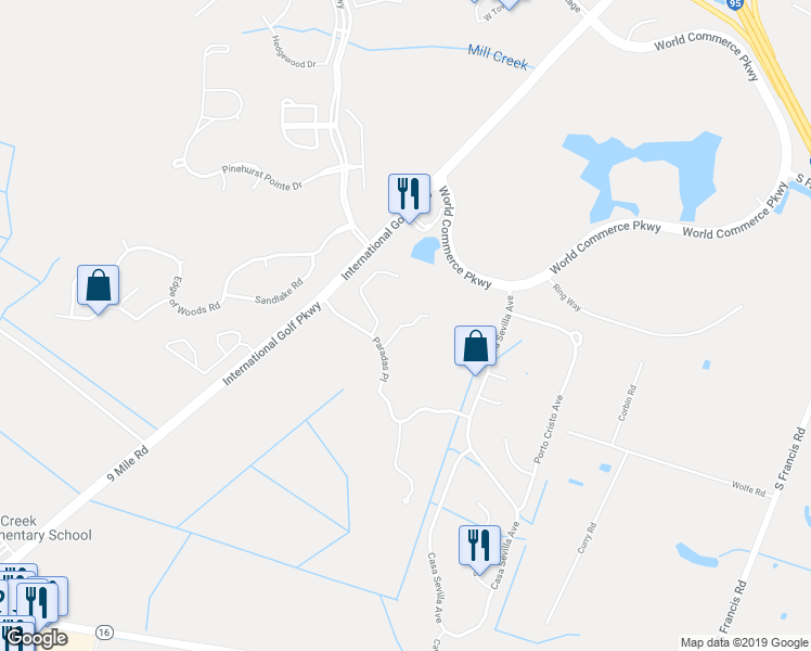map of restaurants, bars, coffee shops, grocery stores, and more near San Briso Way in St. Augustine