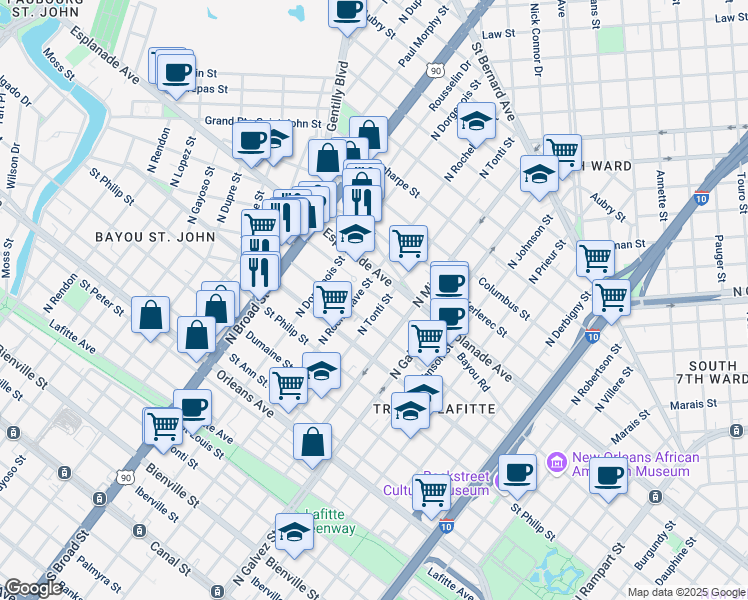 map of restaurants, bars, coffee shops, grocery stores, and more near 1212 North Rocheblave Street in New Orleans