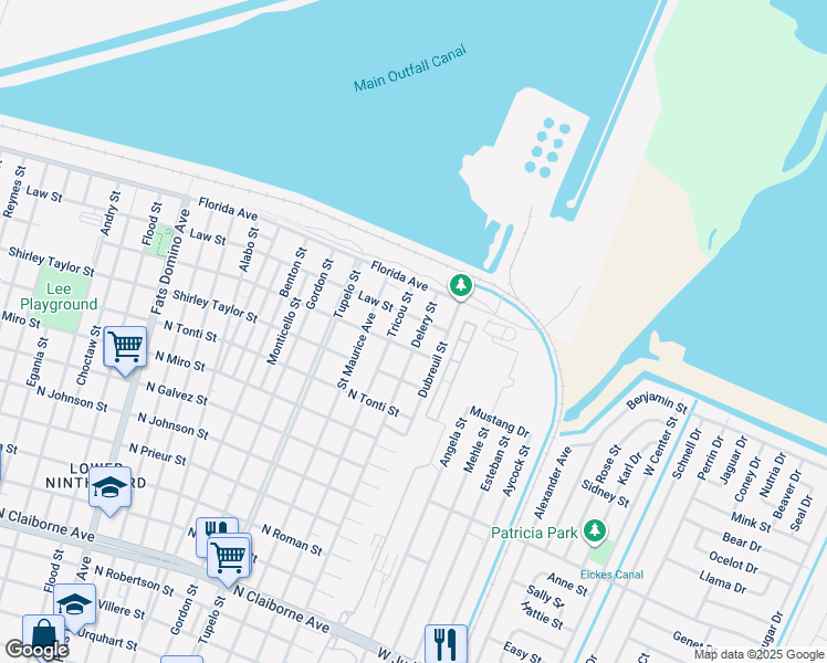 map of restaurants, bars, coffee shops, grocery stores, and more near 2526 Delery Street in New Orleans