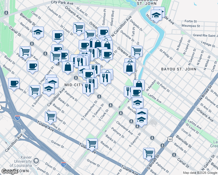 map of restaurants, bars, coffee shops, grocery stores, and more near 3701 Iberville Street in New Orleans