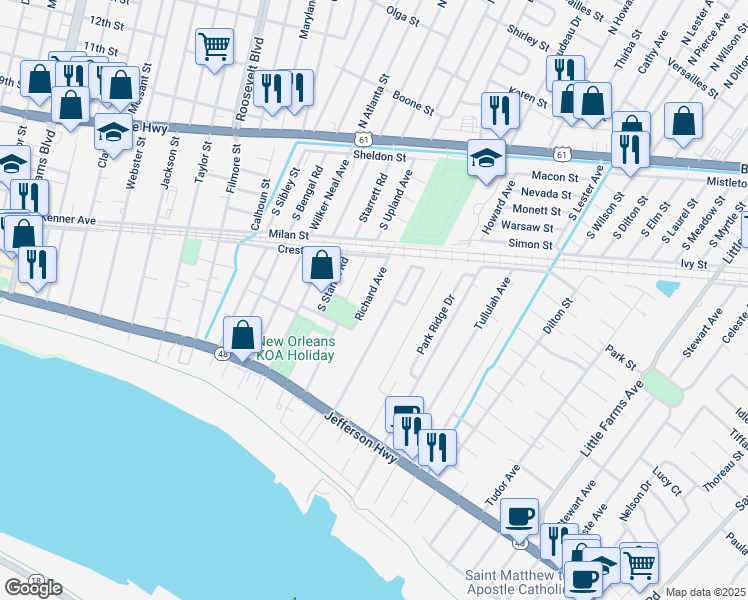 map of restaurants, bars, coffee shops, grocery stores, and more near 623 Richard Avenue in River Ridge
