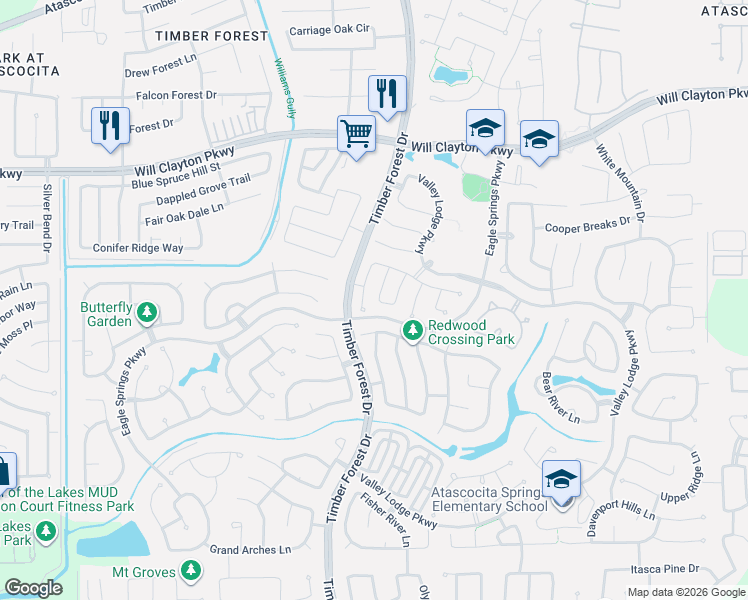 map of restaurants, bars, coffee shops, grocery stores, and more near 17519 Olympic Park Lane in Humble