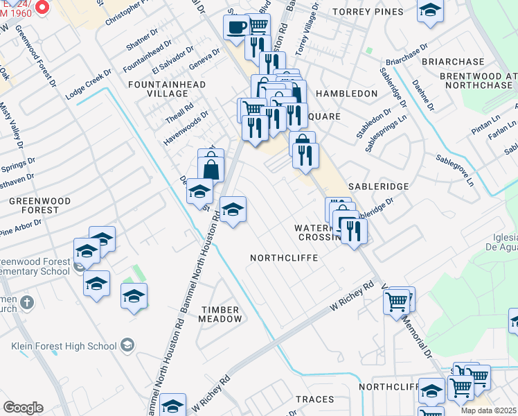 map of restaurants, bars, coffee shops, grocery stores, and more near 4322 Windrift Drive in Houston
