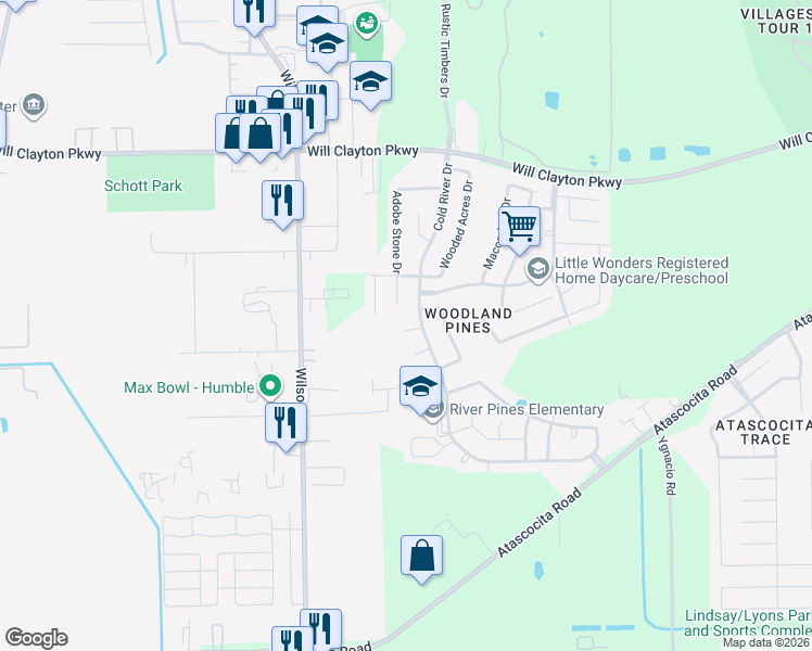 map of restaurants, bars, coffee shops, grocery stores, and more near 9305 Mill View Lane in Humble