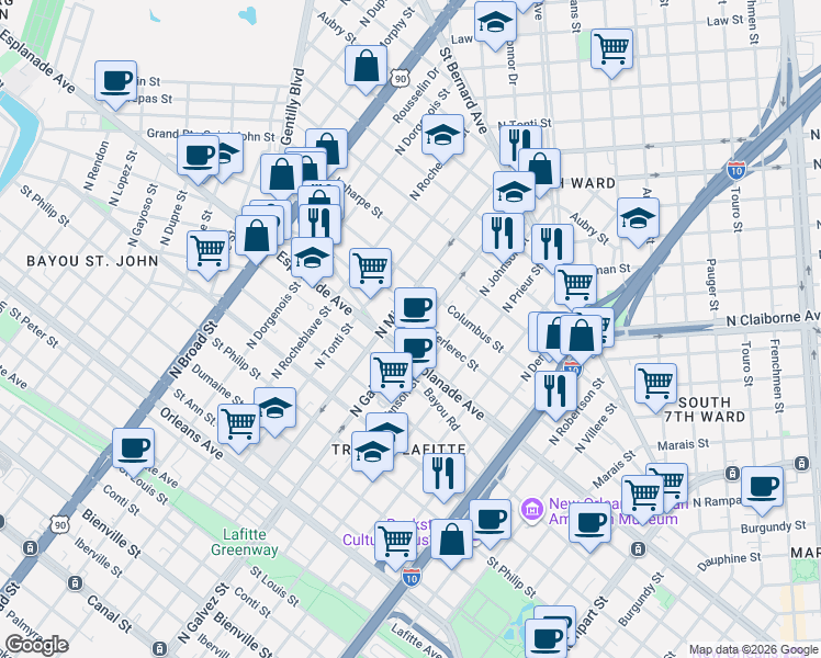 map of restaurants, bars, coffee shops, grocery stores, and more near 2022 Kerlerec Street in New Orleans