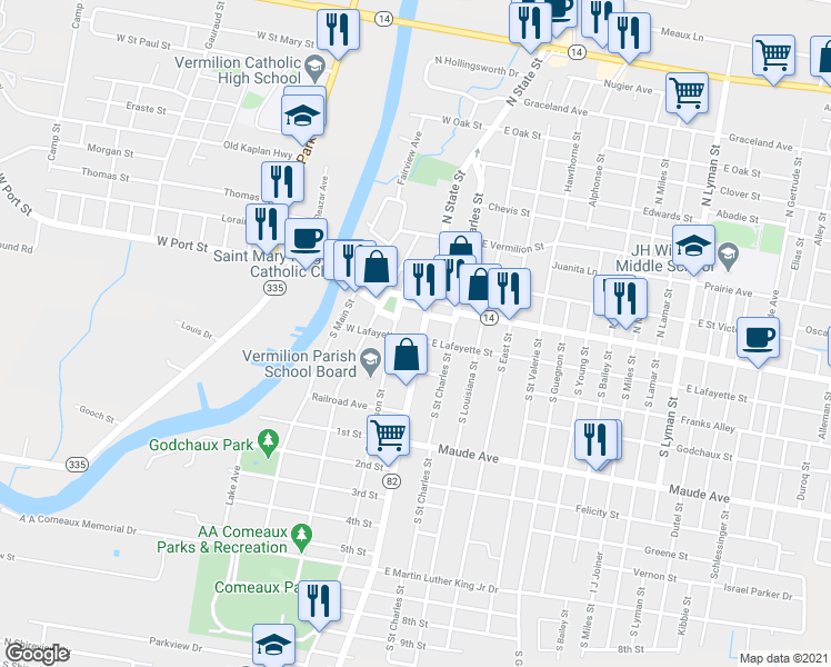 map of restaurants, bars, coffee shops, grocery stores, and more near 124 South State Street in Abbeville