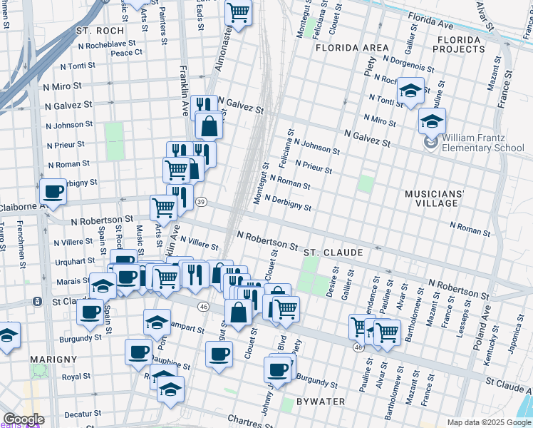 map of restaurants, bars, coffee shops, grocery stores, and more near 1618 Feliciana Street in New Orleans