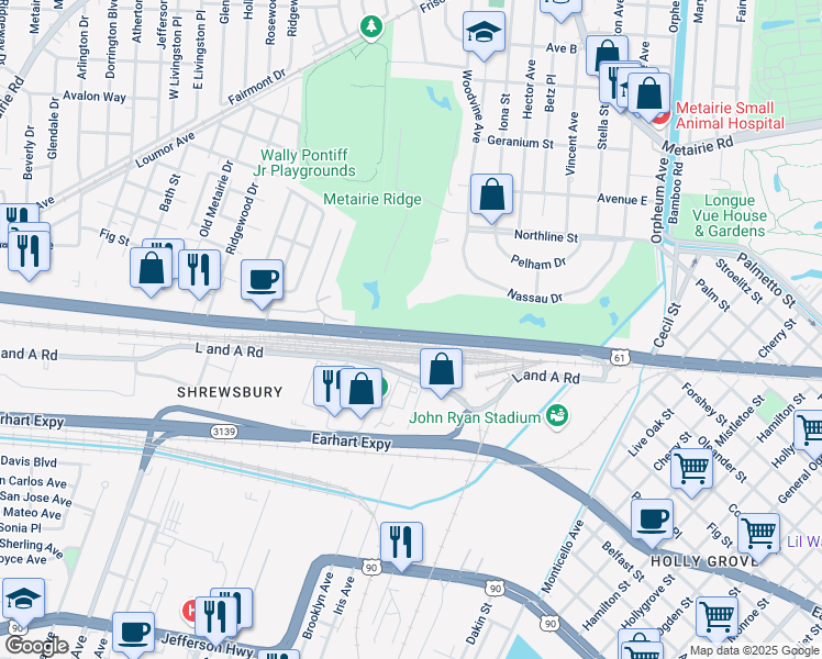 map of restaurants, bars, coffee shops, grocery stores, and more near 901 Airline Drive in Metairie