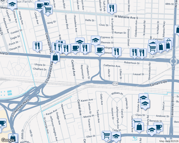 map of restaurants, bars, coffee shops, grocery stores, and more near 1025 Flanders Street in Metairie