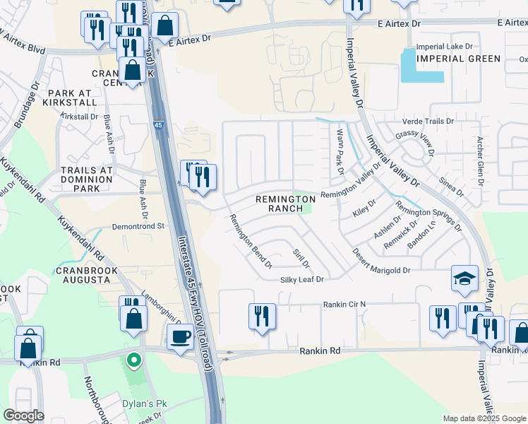 map of restaurants, bars, coffee shops, grocery stores, and more near 414 Remington Ridge Drive in Houston