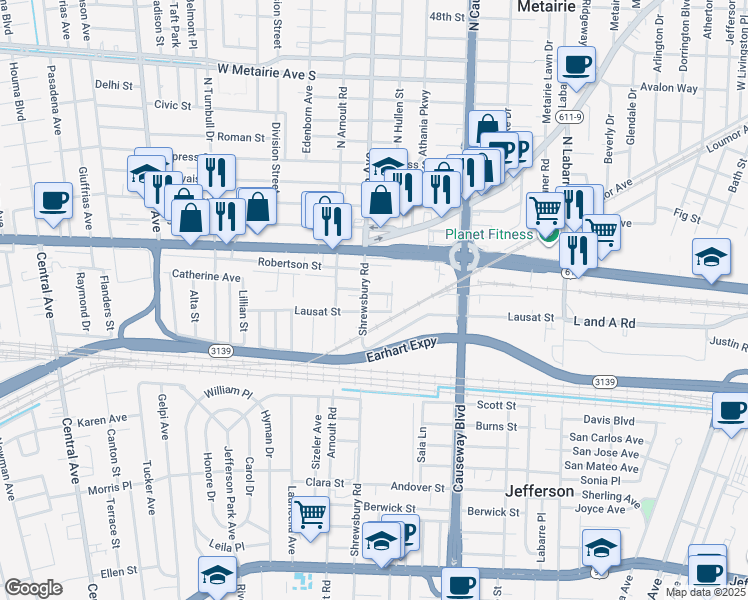 map of restaurants, bars, coffee shops, grocery stores, and more near 3424 Claiborne Avenue in Metairie