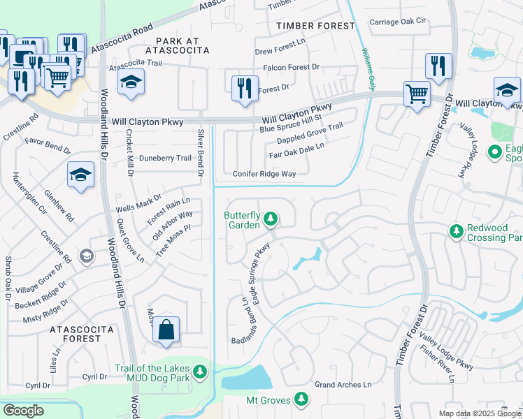 map of restaurants, bars, coffee shops, grocery stores, and more near 11803 Misty Peak Lane in Humble