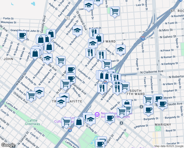 map of restaurants, bars, coffee shops, grocery stores, and more near 1818 Laharpe Street in New Orleans